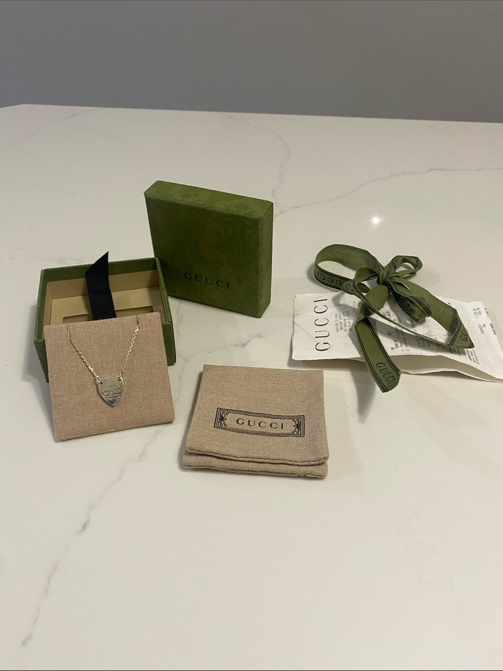 Gucci Silver Heart Bracelet with Chain, box, Ribbon, dust bag & receipt.